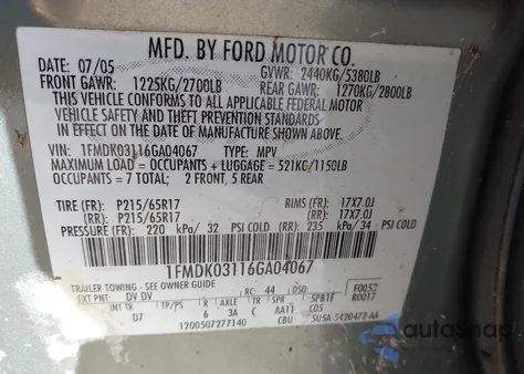 2006 Ford Freestyle Limited z USA, uszkodzony, nr VIN 1FMDK03116GA04067